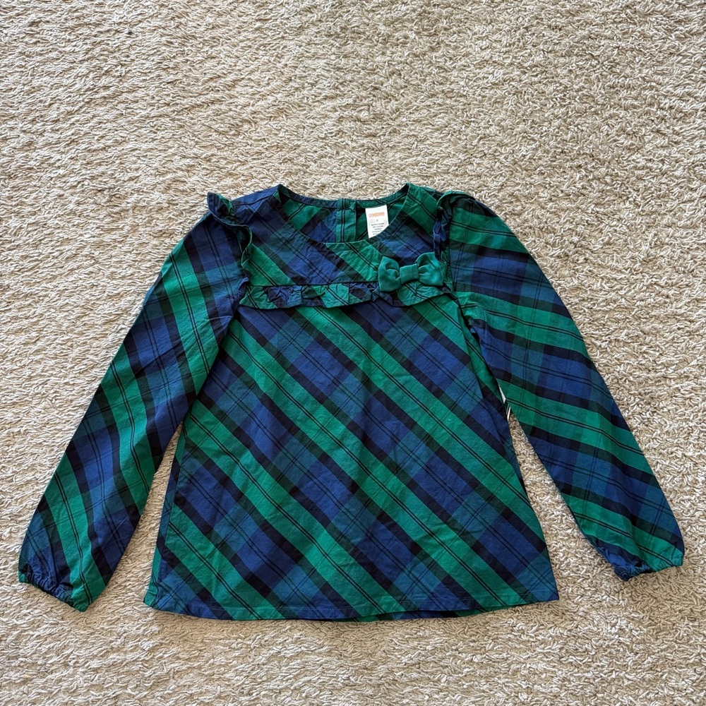 Gymboree Girls Blouse Green Blue Holiday Plaid Size 8 Ruffle Bow Long Sleeve